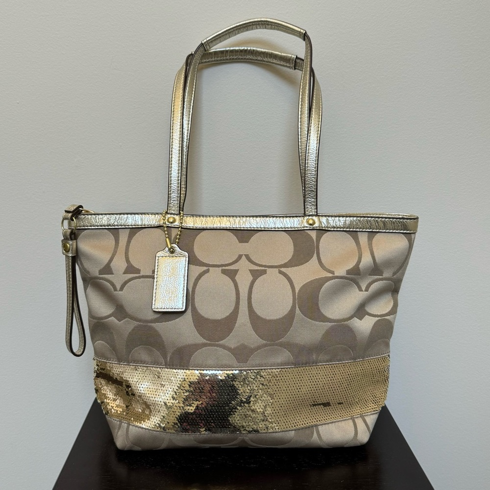 Coach Signature Stripe Tote Bag in Gold Jacquard Signature Fabric & Gold Sequin